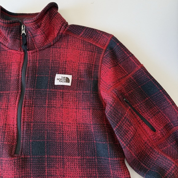 The North Face Red Buffalo Plaid Fleece 1/4 Zip Pullover Mens Medium - Picture 2 of 7